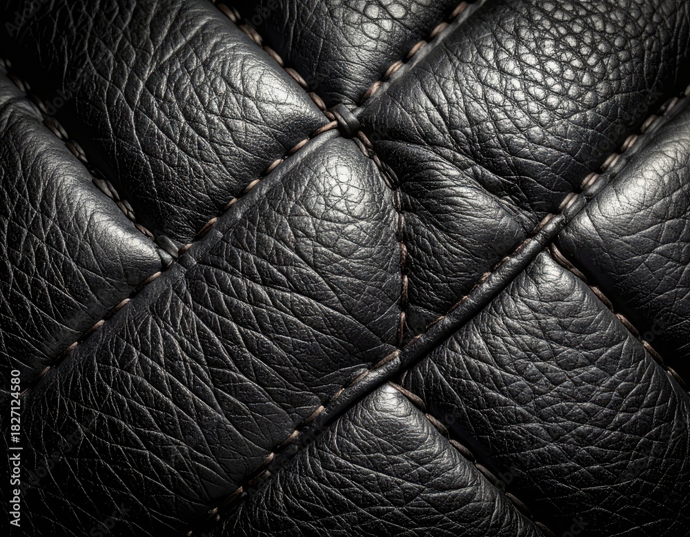 Naklejka premium Close-up of black quilted leather, diamond pattern, stitching detail