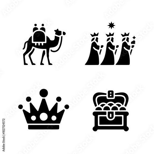 Christmas Icon Set: A collection of black and white icons for Christmas, including icons of camel, three wise men, crown and treasure chest. 