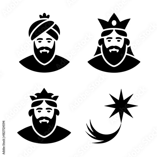 Three Wise Men Silhouette & Guiding Star: A symbolic representation of the biblical figures, the Three Wise Men, each adorned with regal crowns and beards, alongside a radiant star.