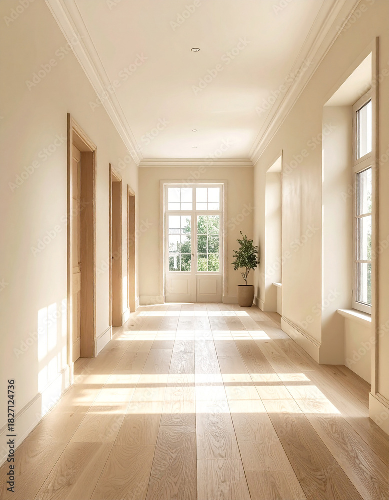 Obraz premium Elegant hallway interior design modern home photography bright atmosphere perspective view tranquility