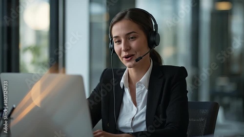 Focused Businesswoman in Headset Engaged in Virtual Meeting or Customer Service Call on Laptop