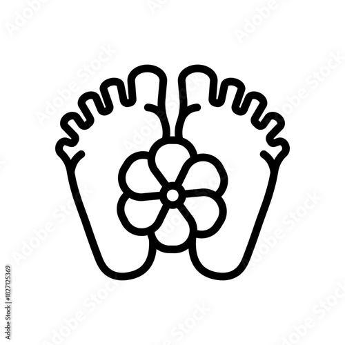 Feet and flower outline icon. Foot hygiene, Healthy feet, Foot treatment, Podiatrist, Podiatry, Pedicure, Foot care, Massage foot, Organic cosmetics symbol. Vector isolated illustration.