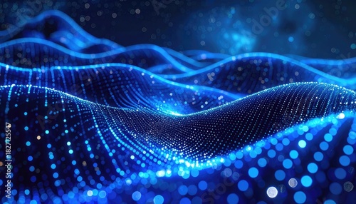 Abstract digital landscape with glowing blue particles, wavy pattern