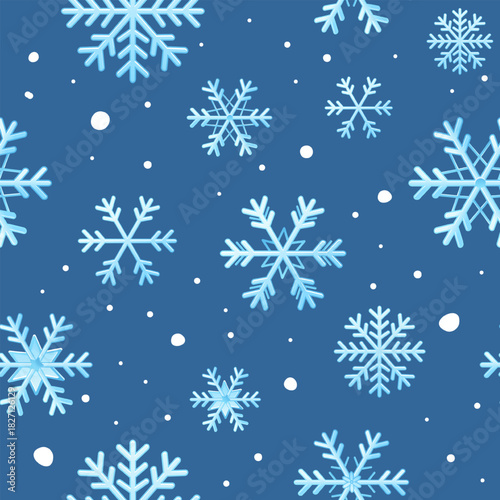 Seamless winter vector pattern with glowing blue snowflakes on a cool background. Clean festive design perfect for holiday prints, wrapping paper, textiles, cards and seasonal decor.