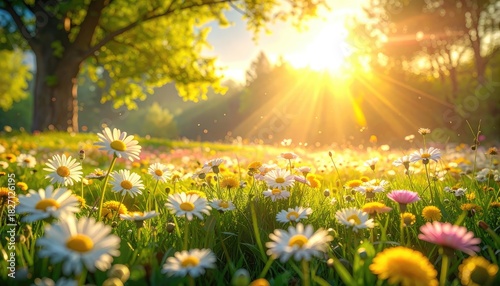 Fototapeta Naklejka Na Ścianę i Meble -  Meadow of daisies basking in warm sunlight, trees in the background, peaceful nature scene