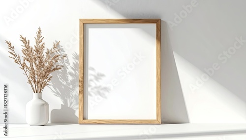 Vertical frame mockup. Dried floral arrangement in vase, lit by sun. Shadow play