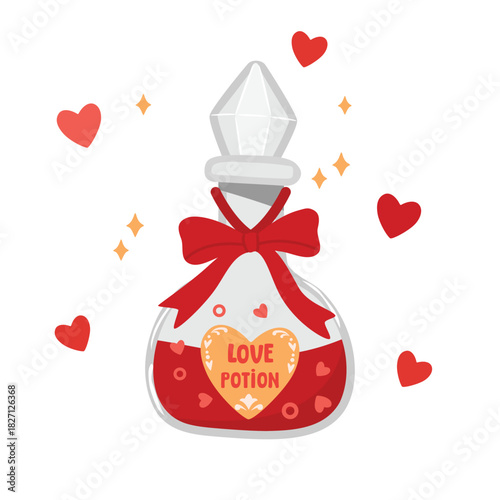 Love potion with bow, heart-shaped label, hand written text. Cartoon magic object on a white background with hearts. Romantic vector design for Valentine's Day card, poster or banner template. 