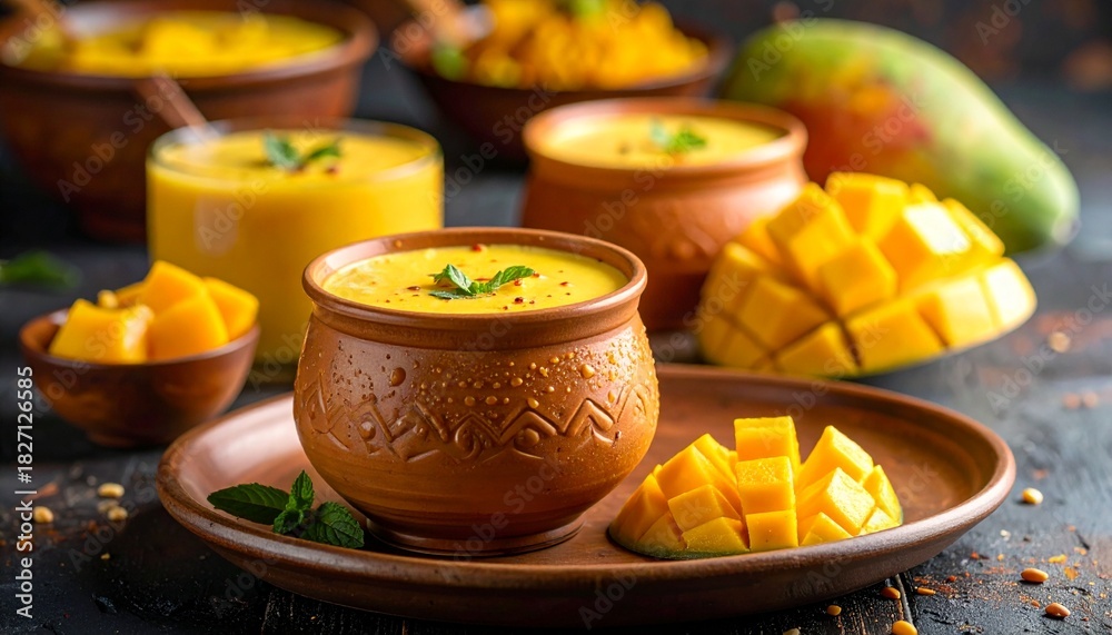 Fototapeta premium Mango Lassi in Clay Glass. Traditional Indian Food