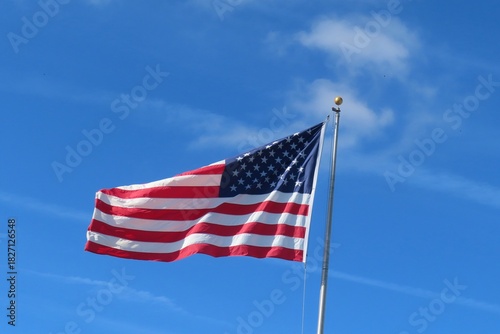 American flag on blue sky and clouds background
