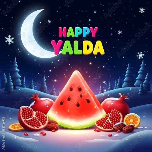 happy yalda night greeting card, watermelon and pomegranate in winter night with moon in the sky text 