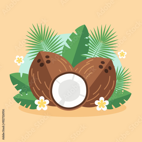 Tropical coconuts and green leaves on a warm background