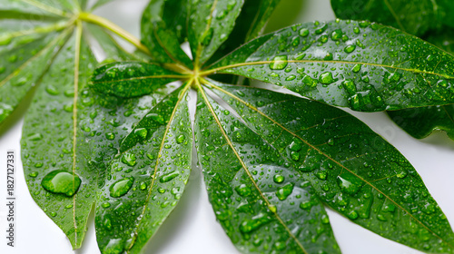 Green leaves gleam with water droplets on a white surface. Perfect for spa branding, product photography, or as a nature-inspired poster.