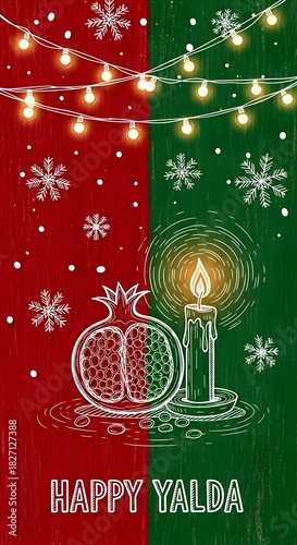 happy yalda greeting card with pomegranate, candle and snowflake illustration in red and green colors vertical