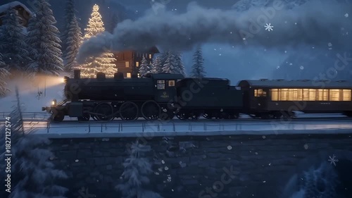 Experience the magic of a snowy winter wonderland with a vintage train journey through the mountains, perfect for holiday promotions and seasonal campaigns
