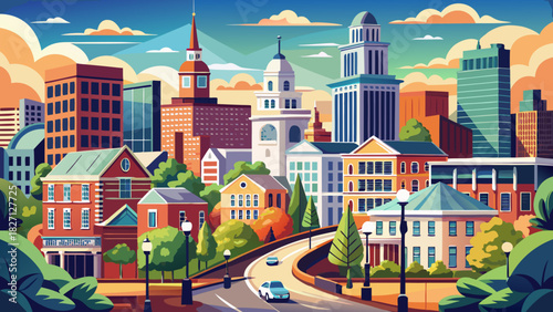 Very beautiful urban scene showcasing a mix of modern and historic buildings in Providence, Rhode Island, highlighting architectural details, city streets, and a peaceful New England urban atmosphere.