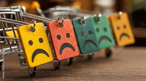 Shopping carts adorned with colorful sad face tags convey a message about consumer dissatisfaction and the emotional connection people have with their purchases and shopping experiences.