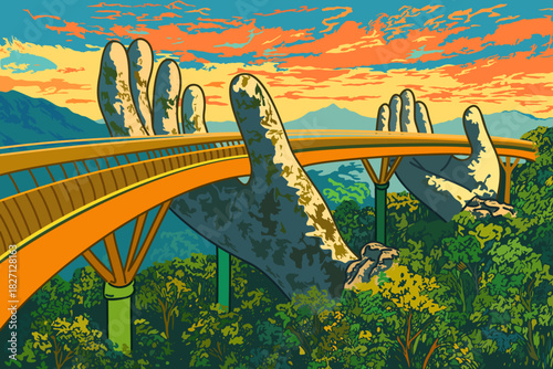 Golden Bridge in Vietnam. Vector vibrant landscape