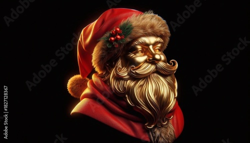 Portrait of a Golden Santa Claus Toy on Black Background