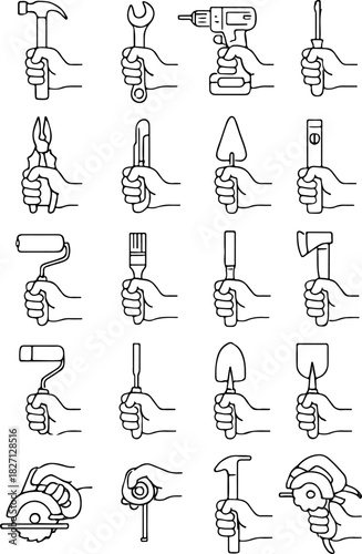 large set of simple icons with various construction tools and equipment for repair and construction in human hands