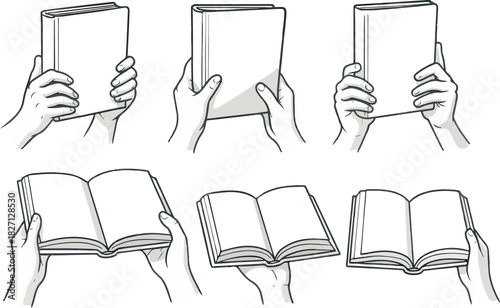 set of icons of books in different perspectives held by human hands in vector style in gray colors