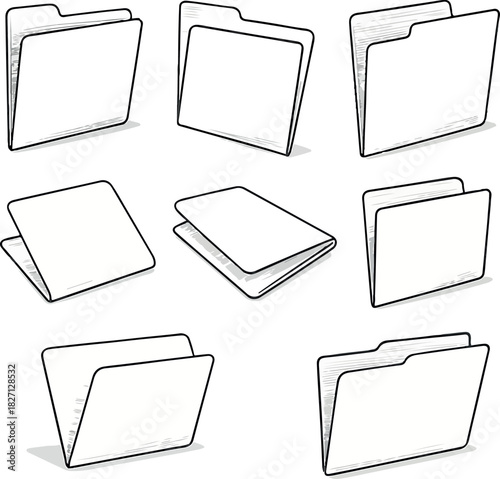 set of icons of paper folders for documents in different perspectives in vector style in gray colors