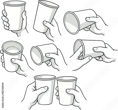 set of icons of paper cups for drinks in different perspectives held by human hands in vector style in gray colors
