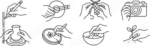set of icons of human hands engaged in various hobbies, showing the diversity of activities