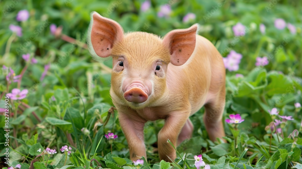 Fototapeta premium Cute Piglet Standing in Green Field with Pink Flowers in Natural Light