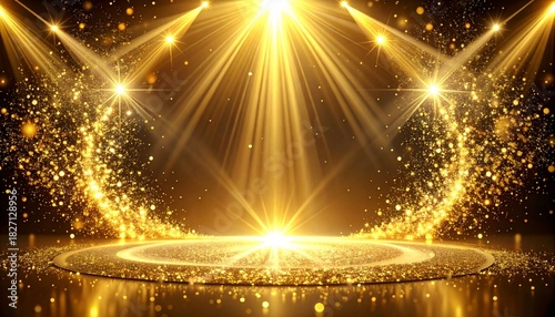 Stage opening golden stage glitter with spotlights and luxury gold light streak. Particle luxury for ceremony background