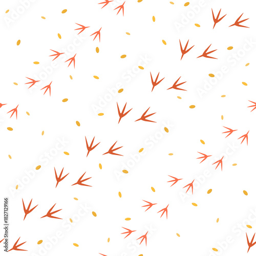 Unique pattern of bird tracks and seeds scattered on a white background in a nature-inspired design