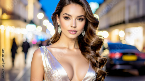 Young fashion beauty on her way to her favourite dance club in European big city at midnight