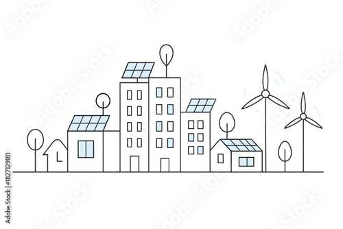 Urban landscape with solar panels and wind turbines illustrating renewable energy solutions for green cities
