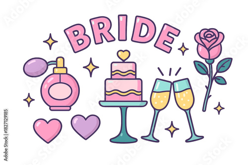 Beautiful bridal decoration featuring cake, perfume, and champagne glasses for a wedding celebration event