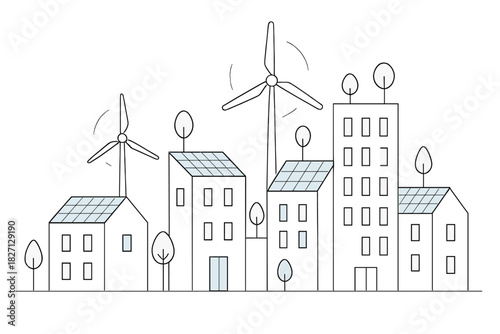 Sustainable urban landscape with wind turbines and solar panels in a city setting during day