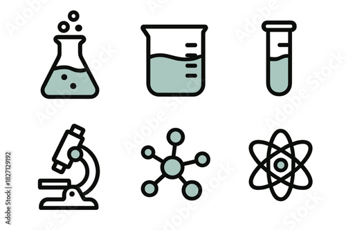 Science equipment for laboratory work including beakers and a microscope displayed on a clean surface