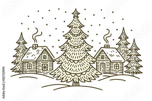 Snowy village scene with cozy houses and a large Christmas tree against a winter backdrop