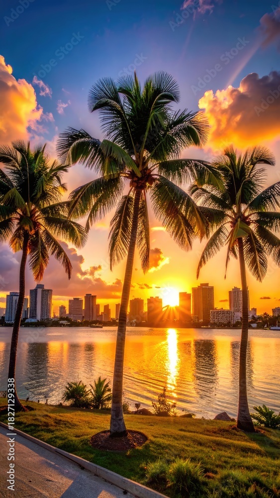 Obraz premium Sunset over city skyline with palm trees & golden water reflection