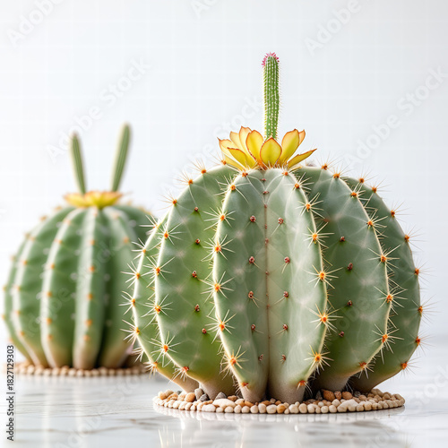 Barrel cacti with yellow blooms in bright studio setting