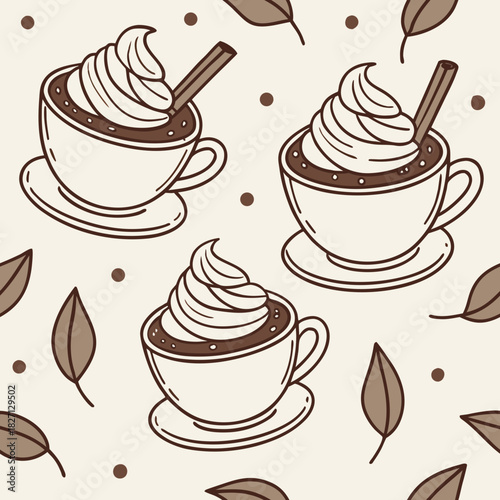 Pattern of cups with whipped cream and chocolate on a light background featuring leaves Generative AI