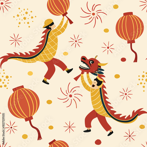 Colorful celebration with dragon dancers and lanterns during a festive event at a joyful festival Generative AI