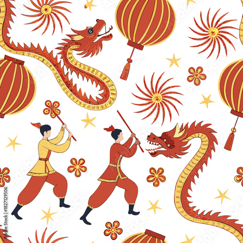 Children celebrate with traditional lion dance and decorative lanterns during a festive event in a vibrant cultural celebration Generative AI