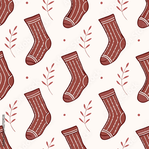 Pattern with red socks and leaves on a light background showing a fun, cozy design suitable for textiles or home decor Generative AI