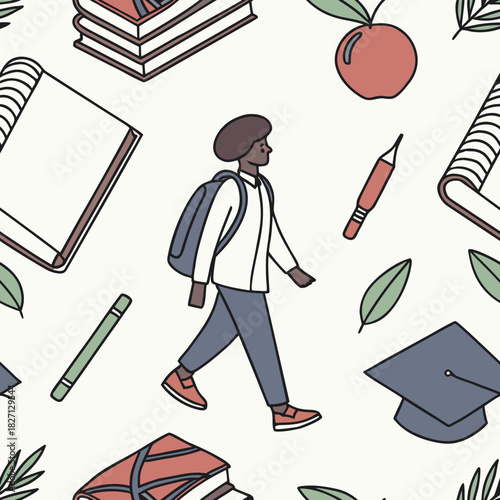Student walking with backpack past school supplies in a colorful, educational pattern celebrating learning and growth Generative AI