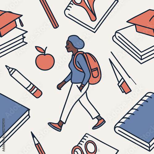 Student walks to school with a backpack surrounded by learning materials and supplies in a colorful design Generative AI
