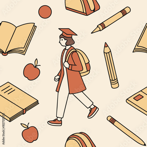 Student walking with backpack surrounded by school supplies and books in a colorful, creative design Generative AI