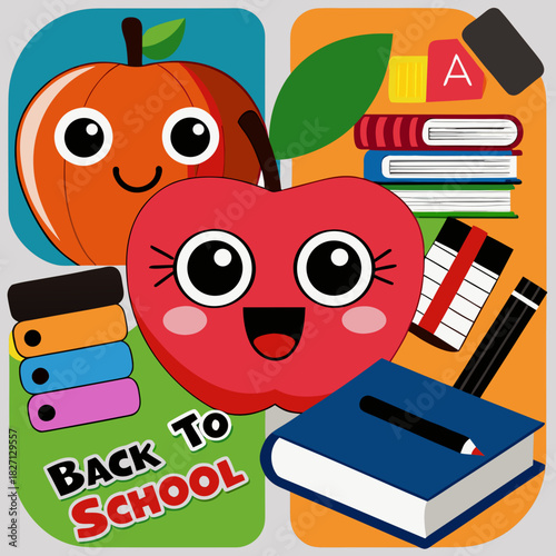 Bright and cheerful back to school illustration featuring happy apples, books, and school supplies Generative AI