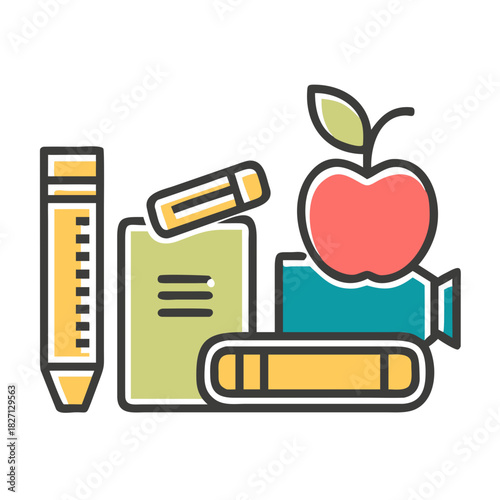 Colorful school supplies, an apple, and a camera represent a vibrant learning environment in a classroom setting Generative AI