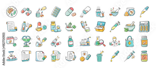 Essential pharmacy and medical supplies vector icons, a healthcare design resource pack