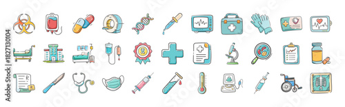 Hand drawn medical healthcare icon set, essential tools and symbols for clinic, hospital, science.