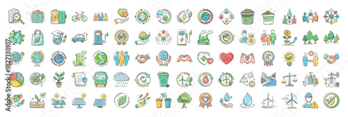 A comprehensive collection of ecology, green energy, and environmental sustainability icons set.